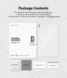 Invisible Defender Glass | iPad - iPad screen protector packaging with glass, cleaning wipes, cloth, sticker, and squeegee card.