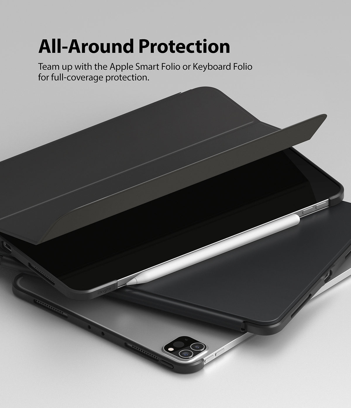 Frame Shield | iPad - Black protective frame on an iPad with a magnetic folio cover and an Apple Pencil attached.
