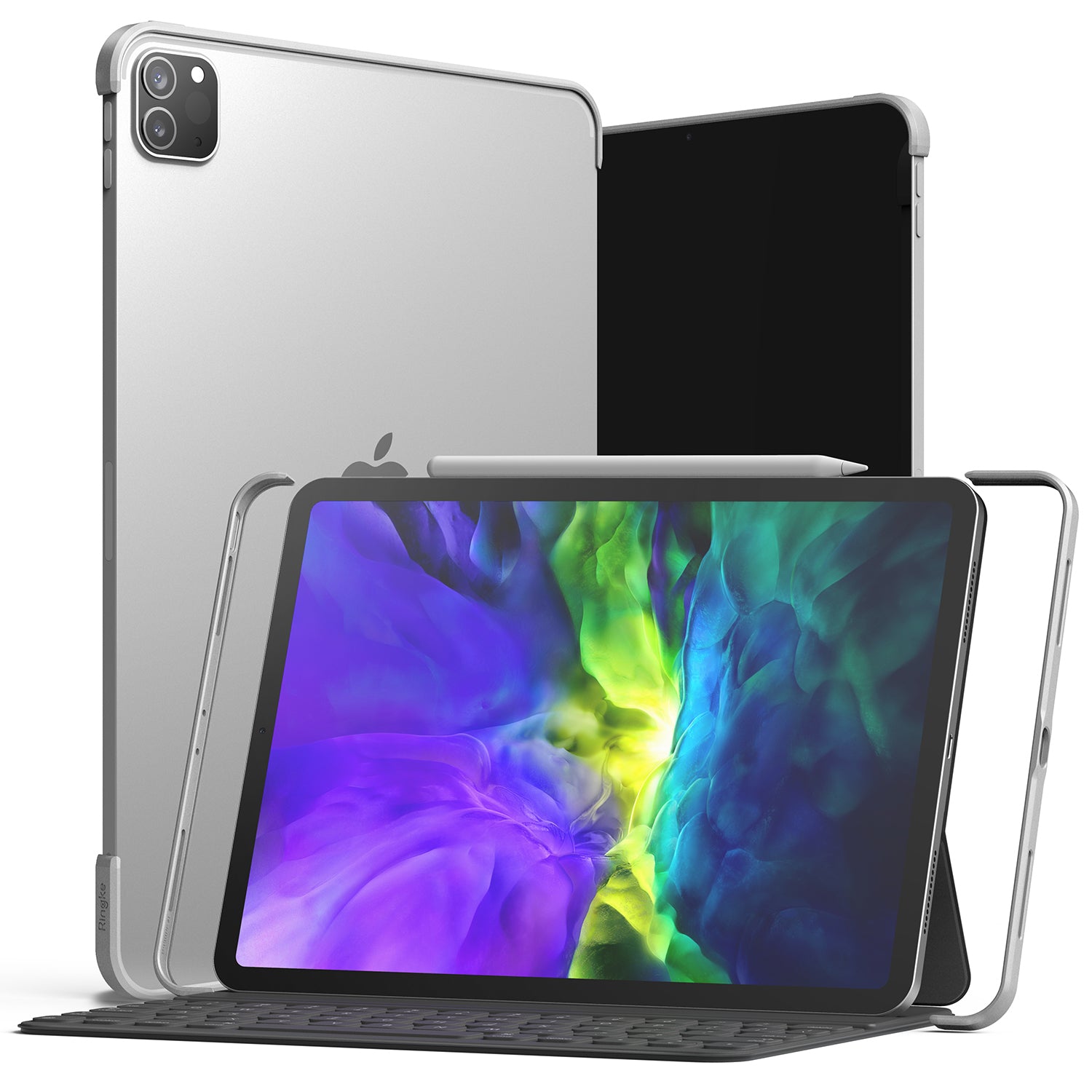 Frame Shield | iPad - Silver iPad frame case protecting the edges of a tablet with a colorful screen and attached stylus.