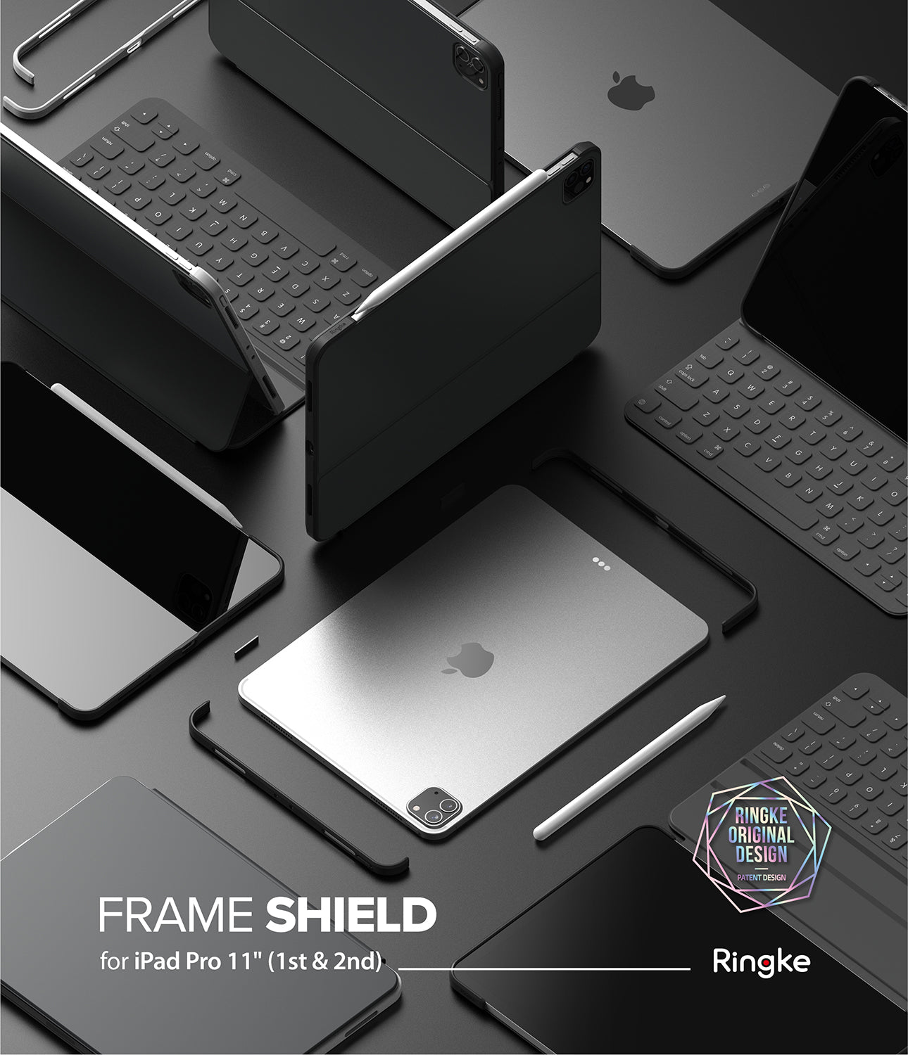 Frame Shield | iPad - Multiple iPads with keyboards and stylus pens arranged on a dark surface with a Frame Shield case component.