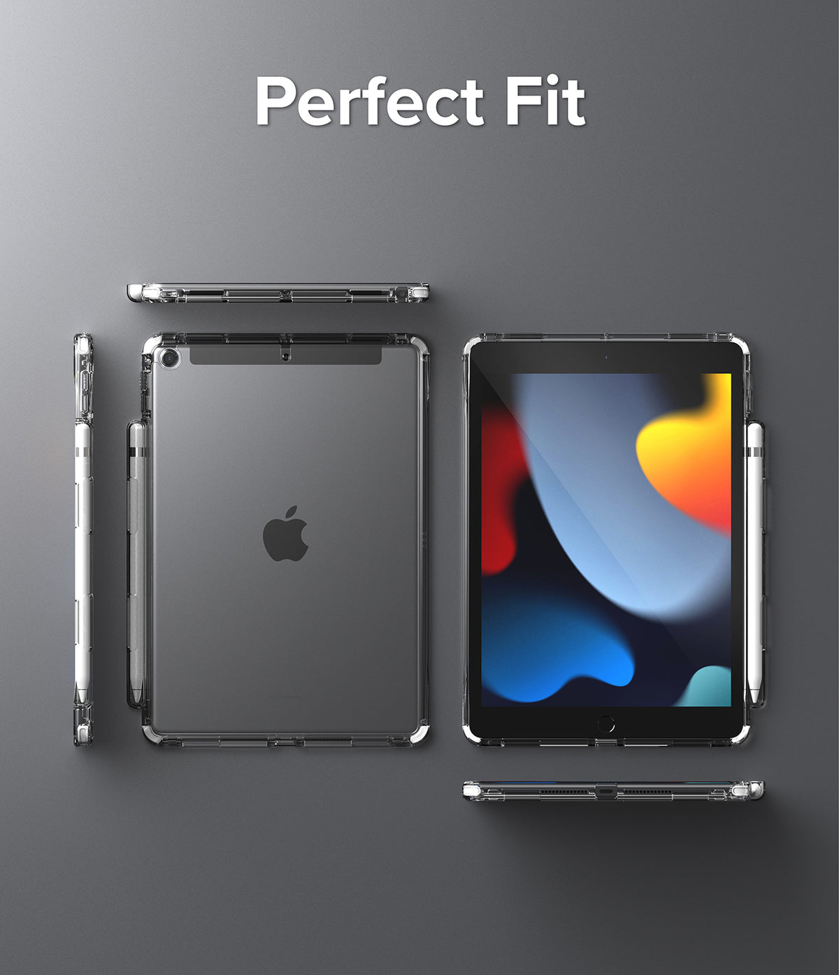 Fusion Plus | iPad - Clear protective case on an iPad, shown from multiple angles with a stylus attached.