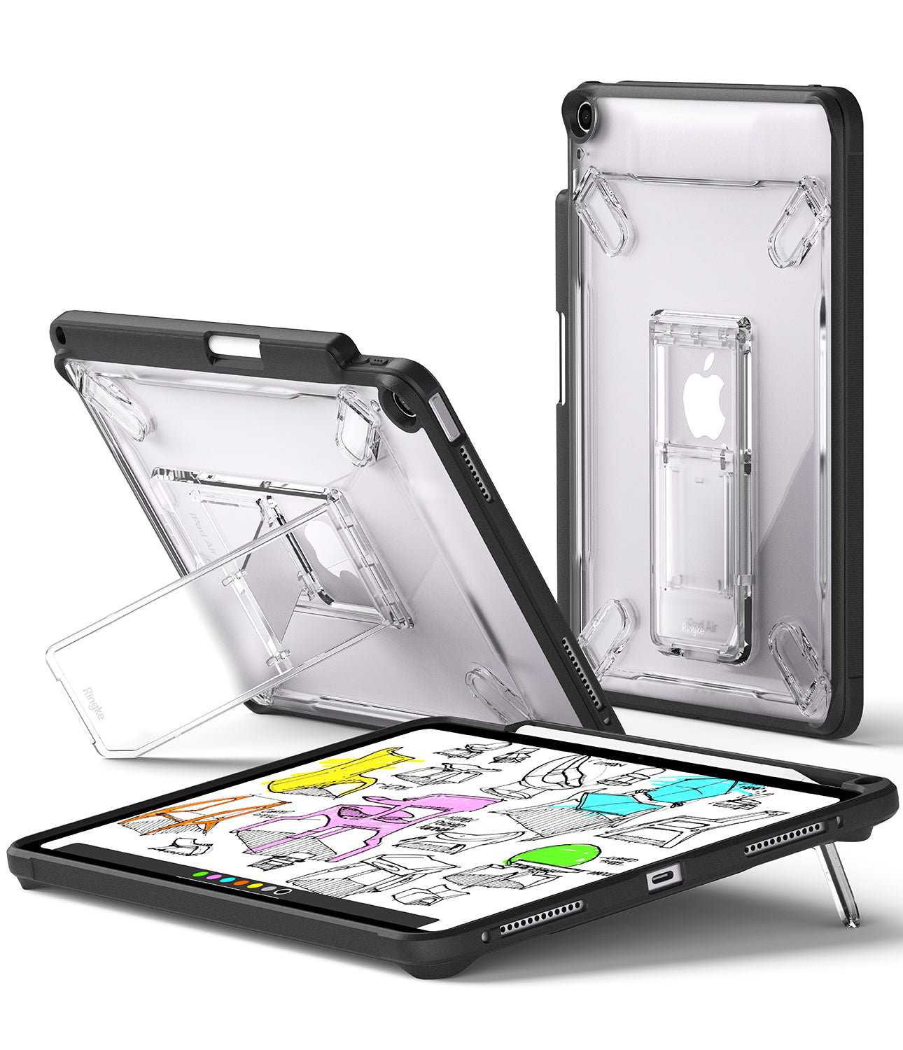 Fusion Sketch Stand | iPad - Clear protective iPad cases with integrated folding kickstands shown in various viewing angles.