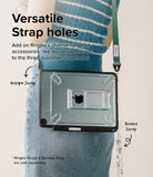 Fusion Sketch Stand | iPad - iPad in a clear case with strap holes worn as a crossbody bag with green and beaded straps.