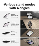 Fusion Sketch Stand | iPad - Four diagrams showing iPad stand angles for browsing, video, typing, and drawing.