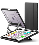 Ringke Apple iPad Pro (11") / Air (11", 10.9") Case [Multiverse Case] - A black protective tablet case shown in three views: one standing open as a kickstand with a tablet inside, one closed showing the folio cover design, and one angled view showing the back with a magnetic card slot. The tablet screen displays colorful sketch drawings.