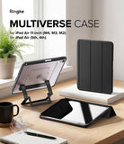 Ringke Apple iPad Pro (11") / Air (11", 10.9") Case [Multiverse Case] - Ringke Multiverse iPad case shown in a styled desk setting with a tablet in three views: standing on a black stand, closed in tri-fold mode, and lying flat. The scene includes a window, plant, mug, notebook, and pen on a wooden desk.