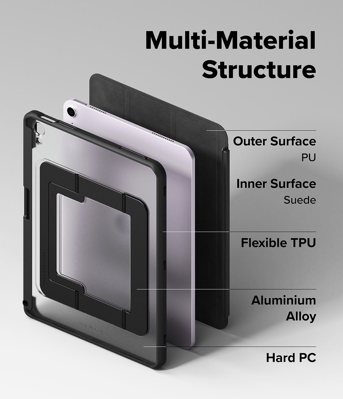 Ringke Apple iPad Pro (11") / Air (11", 10.9") Case [Multiverse Case] - A tablet case shown in an exploded view with labeled material callouts including outer surface PU, inner surface suede, flexible TPU, aluminium alloy, and hard PC, under the heading 'Multi-Material Structure' on a light gray background.