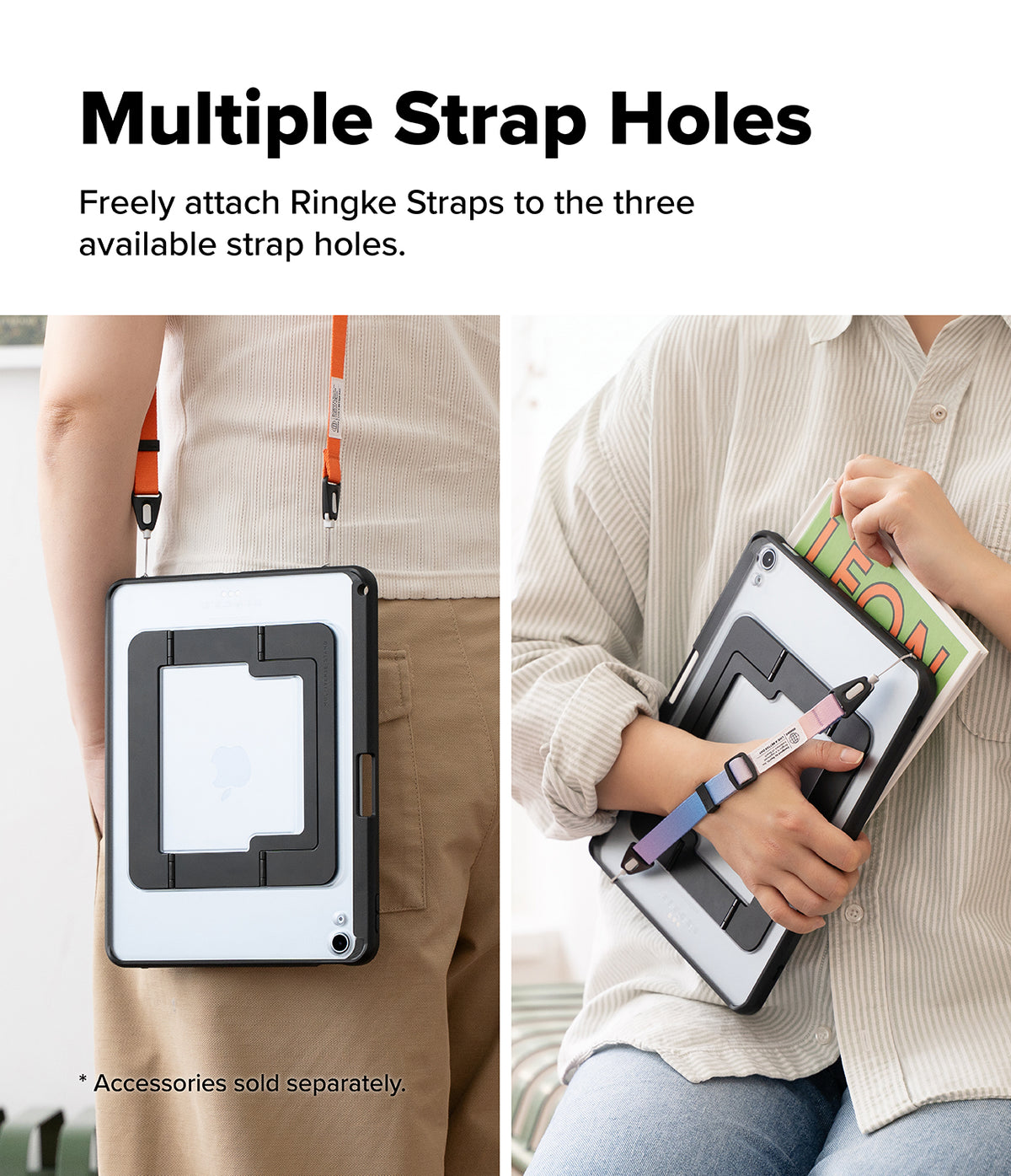 Ringke Apple iPad Pro (11") / Air (11", 10.9") Case [Multiverse Case] - A promotional product image showing a tablet case with multiple strap holes, demonstrated on a person in two side-by-side panels. The left panel shows the case with an orange strap attached to the back, and the right panel shows the case with a pink and blue strap attached across the front while being held with a notebook.