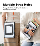 Ringke Apple iPad Pro (11") / Air (11", 10.9") Case [Multiverse Case] - A promotional product image showing a tablet case with multiple strap holes, demonstrated on a person in two side-by-side panels. The left panel shows the case with an orange strap attached to the back, and the right panel shows the case with a pink and blue strap attached across the front while being held with a notebook.