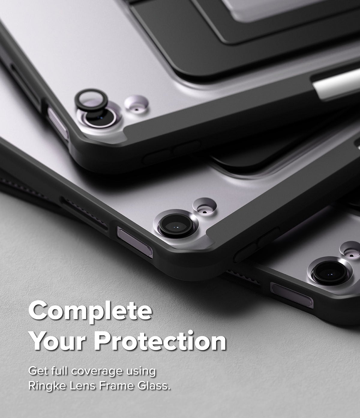 Ringke Apple iPad Pro (11") / Air (11", 10.9") Case [Multiverse Case] - Three rugged smartphone cases stacked diagonally, showcasing their protective corners and camera guards. The text overlay reads 'Complete Your Protection' and 'Get full coverage using Ringke Lens Frame Glass.