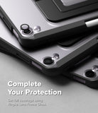 Ringke Apple iPad Pro (11") / Air (11", 10.9") Case [Multiverse Case] - Three rugged smartphone cases stacked diagonally, showcasing their protective corners and camera guards. The text overlay reads 'Complete Your Protection' and 'Get full coverage using Ringke Lens Frame Glass.