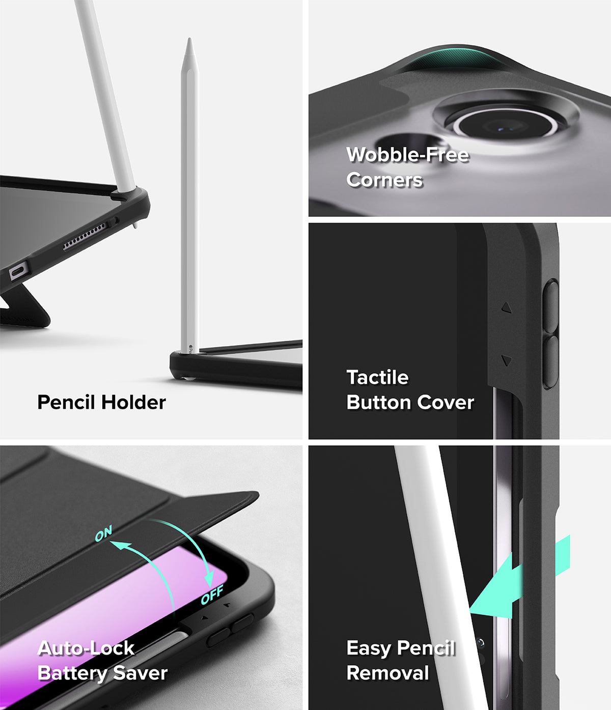 Ringke Apple iPad Pro (11") / Air (11", 10.9") Case [Multiverse Case] - A four-panel product feature collage showing a black tablet case with a white stylus and phone inserted. Text callouts highlight features including Pencil Holder, Wobble-Free Corners, Tactile Button Cover, Auto-Lock Battery Saver, and Easy Pencil Removal.