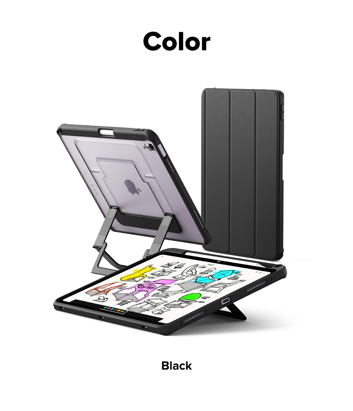Ringke Apple iPad Pro (11") / Air (11", 10.9") Case [Multiverse Case] - A black protective iPad case shown in three views: closed, open on a stand, and angled to show the back. The text 'Color' appears at the top and 'Black' at the bottom on a white background.