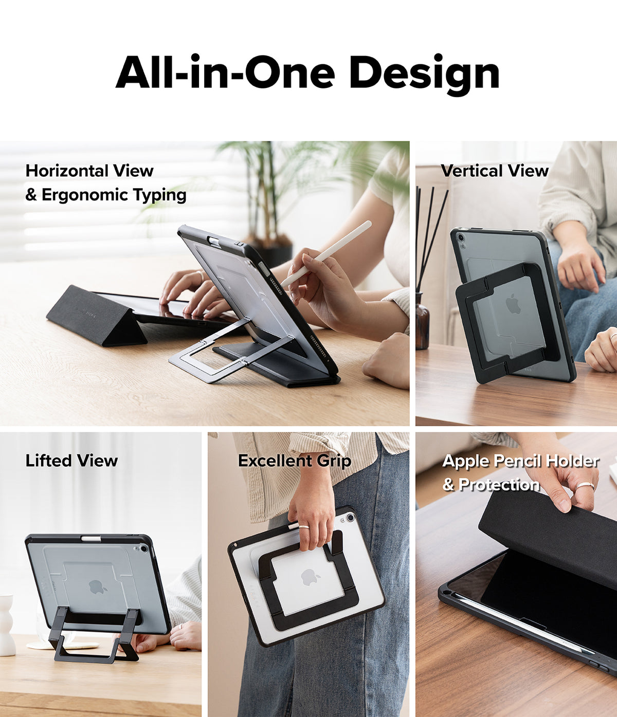Ringke Apple iPad Pro (11") / Air (11", 10.9") Case [Multiverse Case] - A 5-panel promotional collage showing an all-in-one tablet case in use on a wooden table, with text labels for Horizontal View & Ergonomic Typing, Vertical View, Lifted View, Excellent Grip, and Apple Pencil Holder & Protection. The collage demonstrates the case opening, folding into a stand, and being carried.