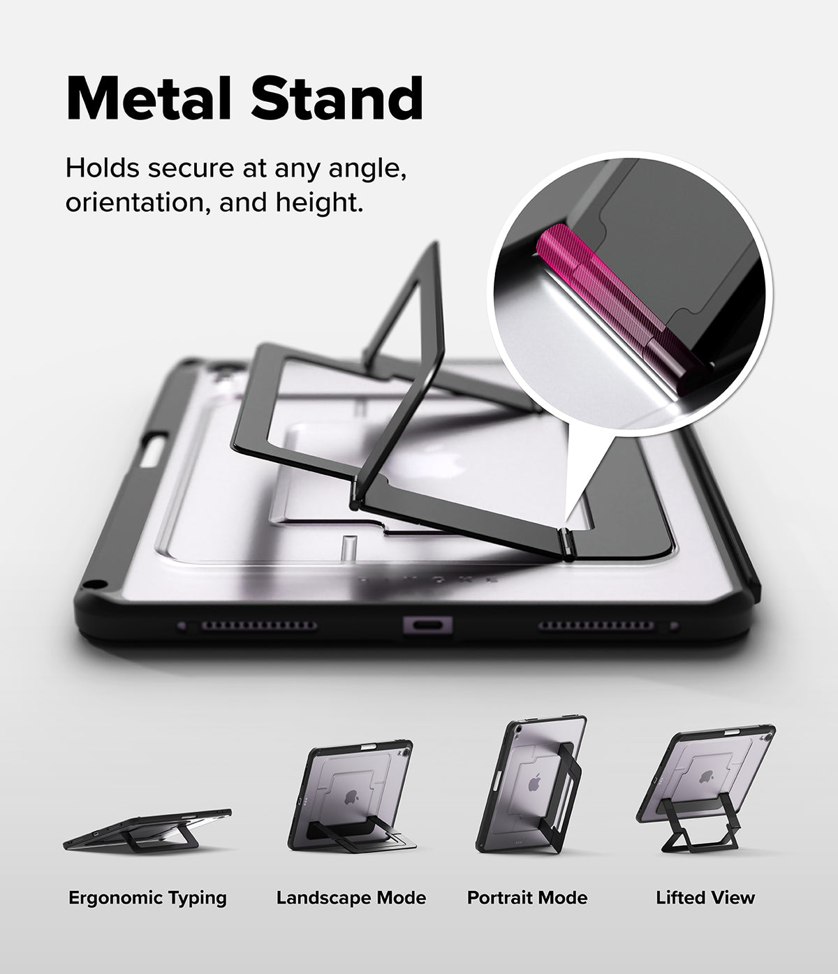 Ringke Apple iPad Pro (11") / Air (11", 10.9") Case [Multiverse Case] - A black metal tablet stand shown with a tablet inserted, demonstrating its fold-out functionality. The image includes a circular inset highlighting the metallic pink accent on the stand, along with four smaller views at the bottom showing ergonomic typing, landscape mode, portrait mode, and lifted view.