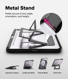 Ringke Apple iPad Pro (11") / Air (11", 10.9") Case [Multiverse Case] - A black metal tablet stand shown with a tablet inserted, demonstrating its fold-out functionality. The image includes a circular inset highlighting the metallic pink accent on the stand, along with four smaller views at the bottom showing ergonomic typing, landscape mode, portrait mode, and lifted view.