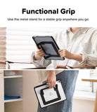 Ringke Apple iPad Pro (11") / Air (11", 10.9") Case [Multiverse Case] - A split-panel promotional image showing a person holding a tablet with a black and silver protective case that includes a metal stand grip. The top panel has text reading 'Functional Grip' and 'Use the metal stand for a stable grip anywhere you go.