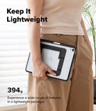 Ringke Apple iPad Pro (11") / Air (11", 10.9") Case [Multiverse Case] - A person in a beige ribbed top and tan pants holds a slim black-and-white tablet case with a built-in stand. Large text reads 'Keep It Lightweight' and '394g Experience a wide range of features in a lightweight package.