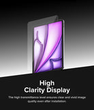 Easy Slide Tempered Glass | iPad - A clear screen protector hovering over an iPad displaying a vibrant purple abstract graphic.