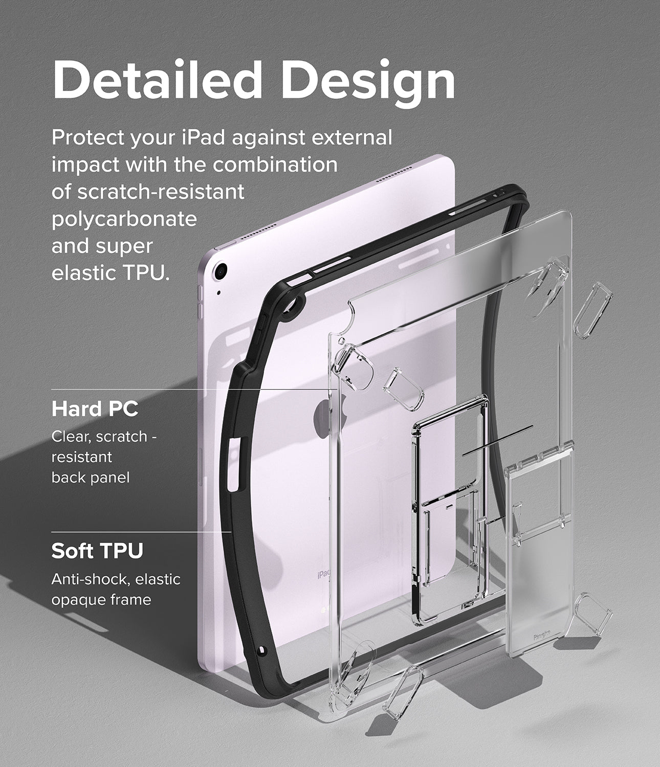 Fusion Sketch Stand | iPad - Exploded view of an iPad case showing a clear polycarbonate back panel and a black TPU frame.