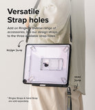 Fusion Sketch Stand | iPad - A person wears a clear iPad case with strap holes, showing a design strap and hand strap attached.