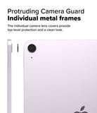 Camera Lens Frame Glass | iPad - A purple iPad with a protective black metal camera lens cover being applied.