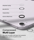 Camera Lens Frame Glass | iPad - Exploded view of multi-layer camera lens protector components above an iPad camera.