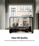 Tempered Glass | iPad - Clear screen protector hovering over an iPad displaying a high-definition video of a cafe scene.