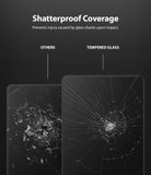 Tempered Glass | iPad - Comparison showing shattered standard glass with sharp shards versus tempered glass with a spiderweb crack.