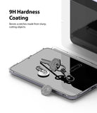 Tempered Glass | iPad - Keys, paperclips, and a coin resting on an iPad screen to demonstrate 9H scratch-resistant coating.