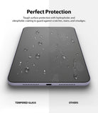 Tempered Glass | iPad - Split screen showing water beading on tempered glass versus smudges and scratches on standard glass.