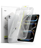Easy Slide Tempered Glass | iPad - Clear installation frame hovering over an iPad screen with product packaging behind.