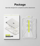Easy Slide Tempered Glass | iPad - Retail packaging and a clear plastic installation jig for an iPad screen protector.