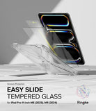 Easy Slide Tempered Glass | iPad - Exploded view of an iPad screen protector with an installation tray and glass film.