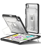 Fusion Sketch Stand | iPad - Clear protective iPad case with integrated kickstand shown in upright and flat drawing angles.