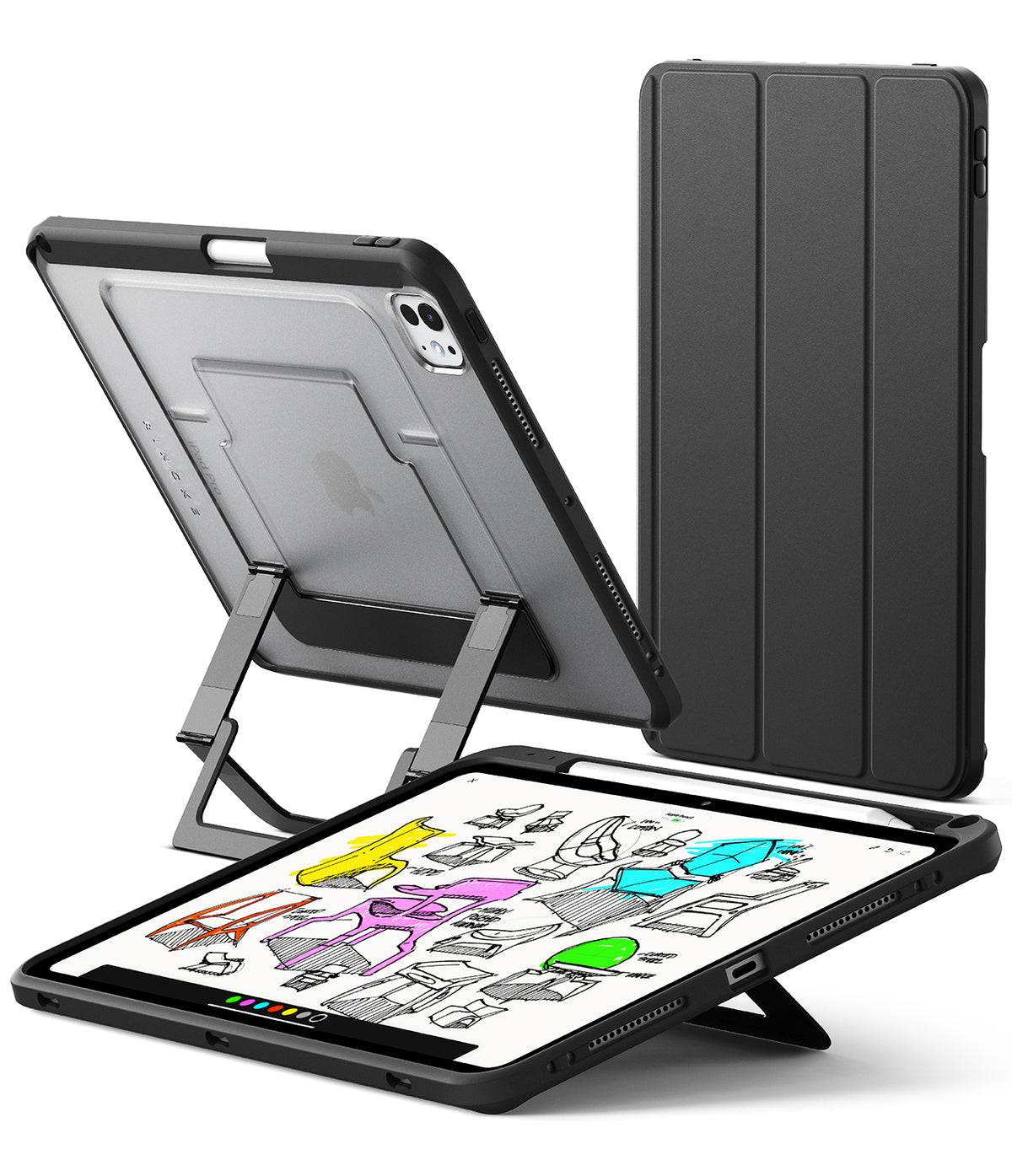 Ringke Apple iPad Pro (11") / Air (11", 10.9") Case [Multiverse Case] - A black protective tablet case shown in three views: one standing vertically, one propped open on its kickstand, and one lying flat on a tablet screen. The tablet display is on, showing a drawing app, but screen content is excluded from product color decisions.