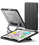 Ringke Apple iPad Pro (11") / Air (11", 10.9") Case [Multiverse Case] - A black protective tablet case shown in three views: one standing vertically, one propped open on its kickstand, and one lying flat on a tablet screen. The tablet display is on, showing a drawing app, but screen content is excluded from product color decisions.