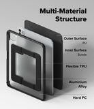 Ringke Apple iPad Pro (11") / Air (11", 10.9") Case [Multiverse Case] - A protective tablet case shown in an exploded view with labeled materials: outer surface PU, inner surface suede, flexible TPU, aluminium alloy, and hard PC. Text at the top reads 'Multi-Material Structure' on a light gray background.