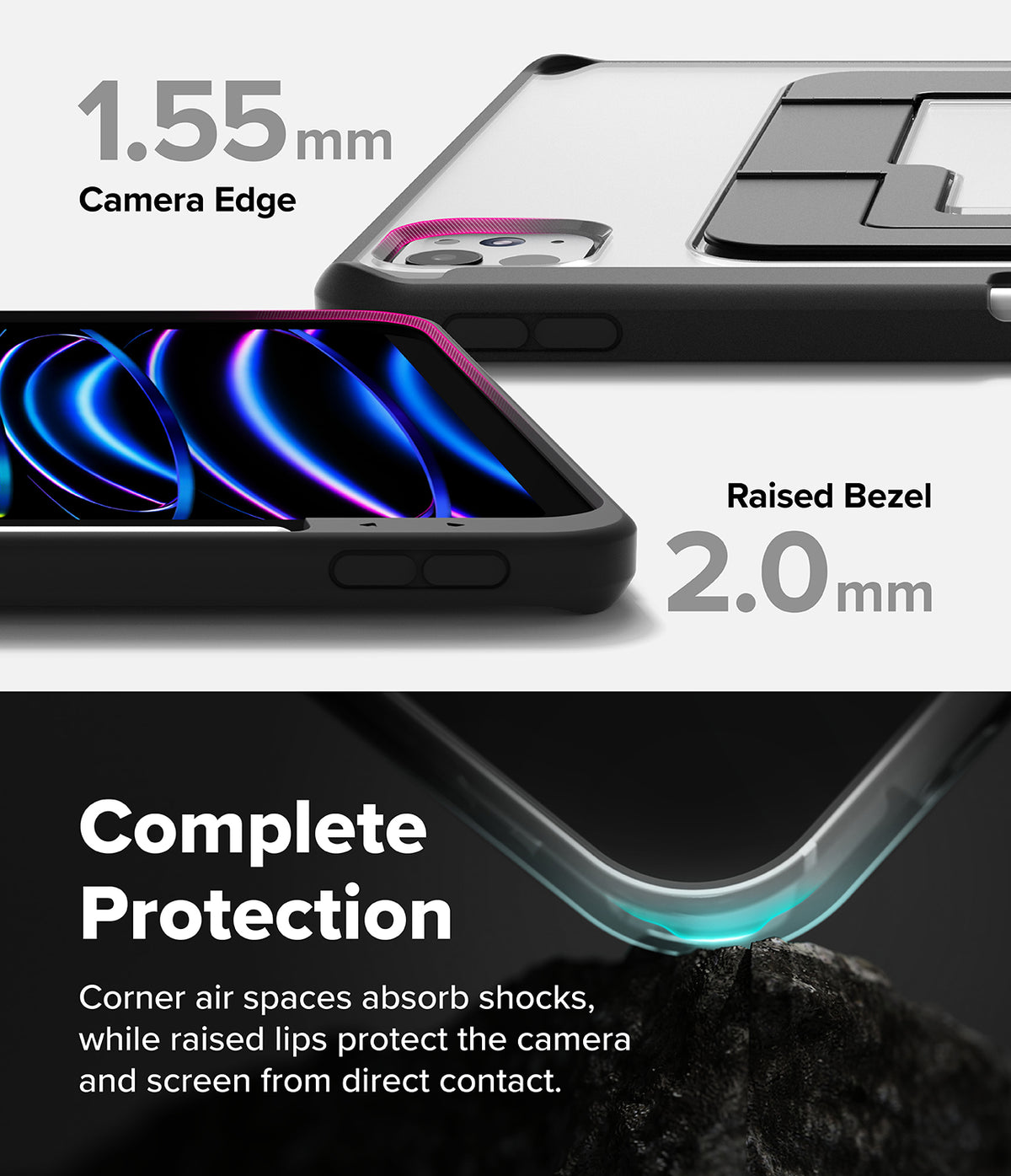 Ringke Apple iPad Pro (11") / Air (11", 10.9") Case [Multiverse Case] - Promotional graphic for a smartphone case showing three views with text callouts: 1.55 mm camera edge, 2.