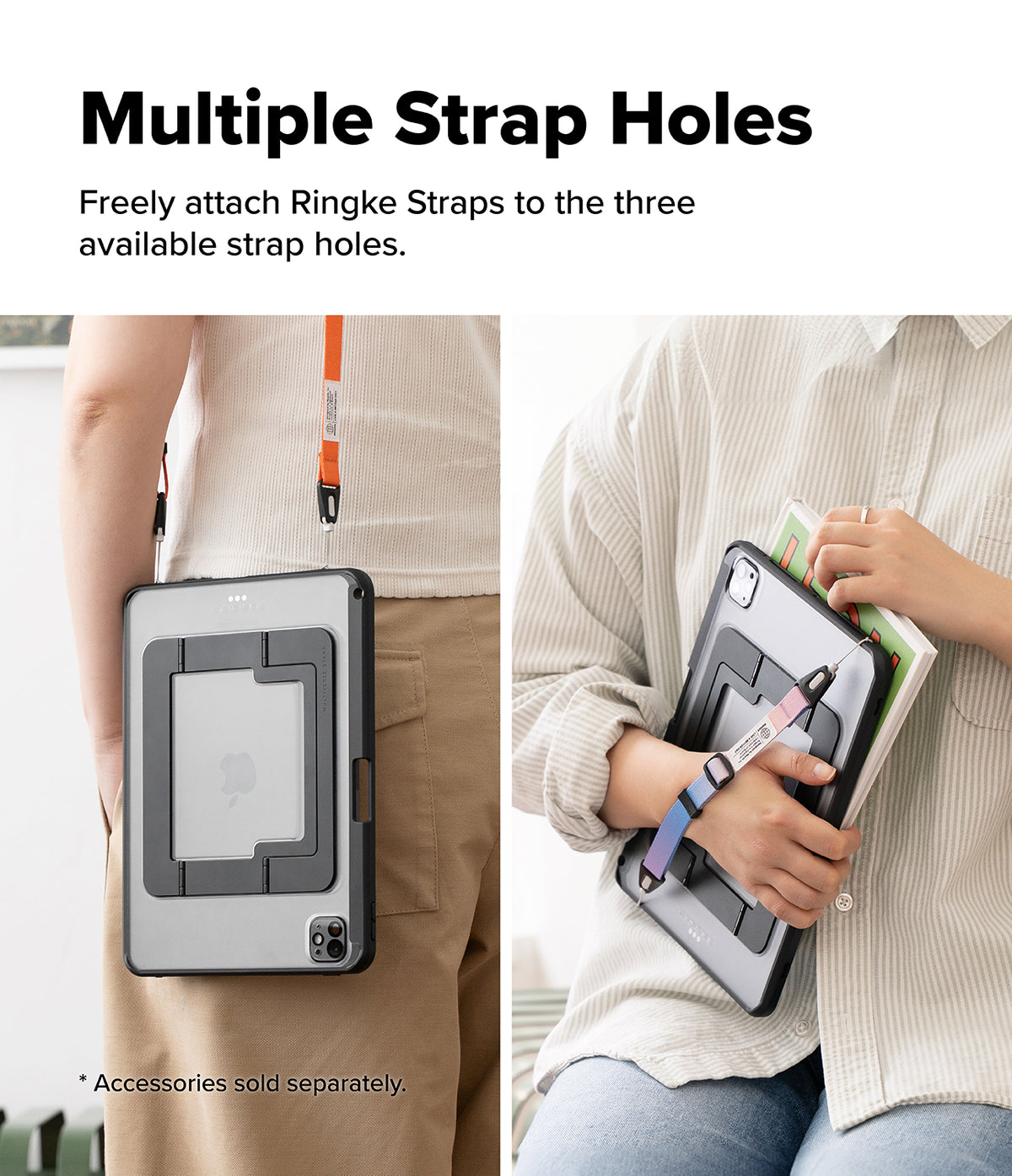 Ringke Apple iPad Pro (11") / Air (11", 10.9") Case [Multiverse Case] - A split lifestyle image demonstrating a rugged tablet case with multiple strap holes. On the left, a model wears the case with an orange Ringke strap attached to the top.