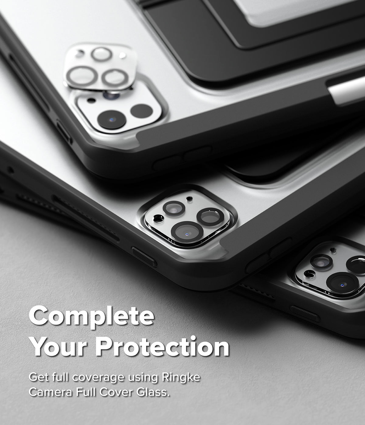 Ringke Apple iPad Pro (11") / Air (11", 10.9") Case [Multiverse Case] - Three smartphones shown at an angle with protective camera cover glass installed, on a gray studio background with the text 'Complete Your Protection' and 'Get full coverage using Ringke Camera Full Cover Glass.'.
