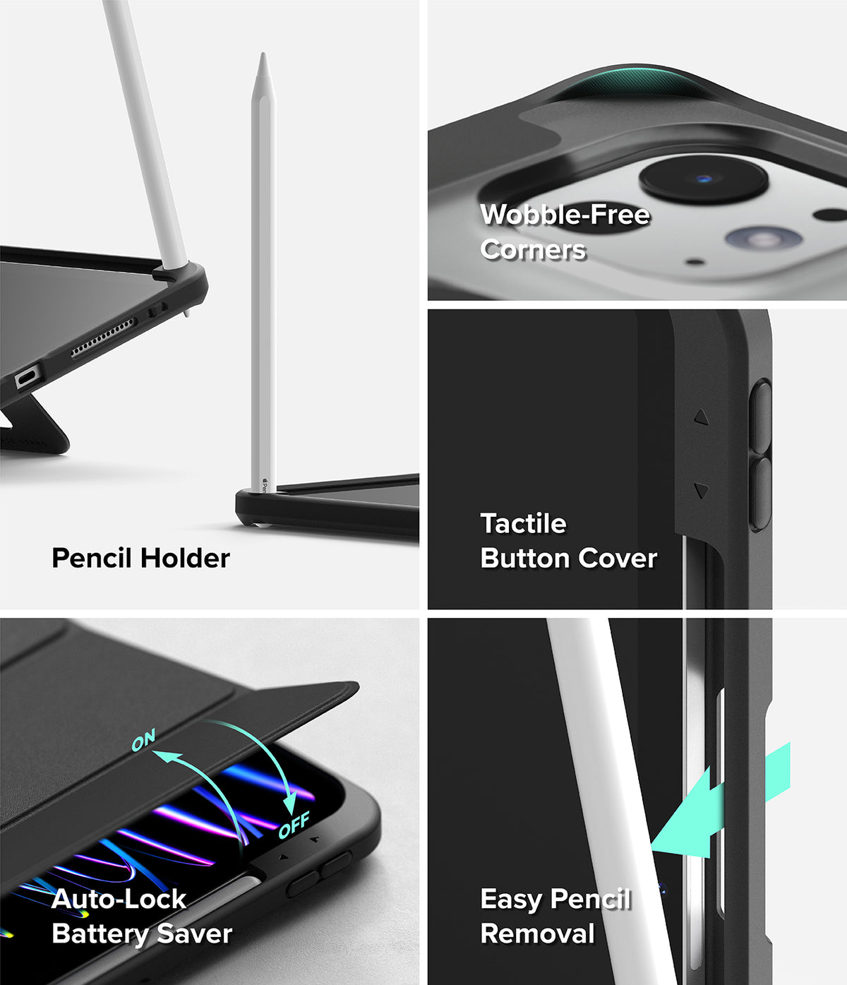 Ringke Apple iPad Pro (11") / Air (11", 10.9") Case [Multiverse Case] - A four-panel product feature collage showing a black protective phone case with a white stylus/pencil, labeled for features including wobble-free camera corners, tactile button cover, auto-lock battery saver, and easy pencil removal.
