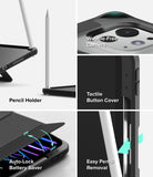 Ringke Apple iPad Pro (11") / Air (11", 10.9") Case [Multiverse Case] - A four-panel product feature collage showing a black protective phone case with a white stylus/pencil, labeled for features including wobble-free camera corners, tactile button cover, auto-lock battery saver, and easy pencil removal.