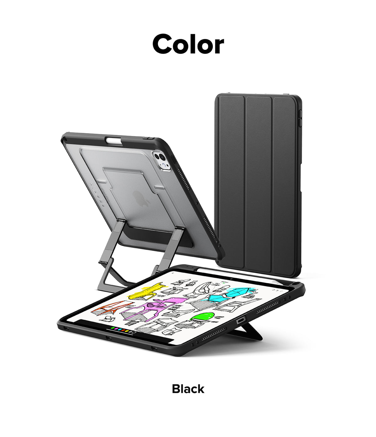Ringke Apple iPad Pro (11") / Air (11", 10.9") Case [Multiverse Case] - A black tablet case shown in three views on a white background: one standing open as a kickstand, one closed, and one holding a tablet. The word 'Color' appears at the top and 'Black' at the bottom.