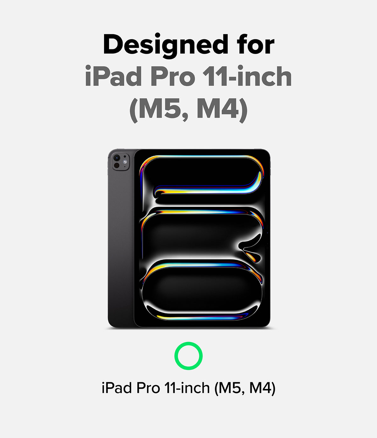 Ringke Apple iPad Pro (11") / Air (11", 10.9") Case [Multiverse Case] - A black protective iPad Pro 11-inch case graphic shown on a light gray background with text reading 'Designed for iPad Pro 11-inch (M5, M4)' and a green circle icon.