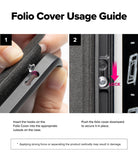 Ringke Apple iPad Pro (11") / Air (11", 10.9") Case [Multiverse Case] - Instruction graphic titled 'Folio Cover Usage Guide' showing two numbered close-up steps: a hand inserting hooks into a black folio case, and the folio cover being pushed downward to secure it. Text explains the cutouts and locking mechanism, with a warning about applying strong force.