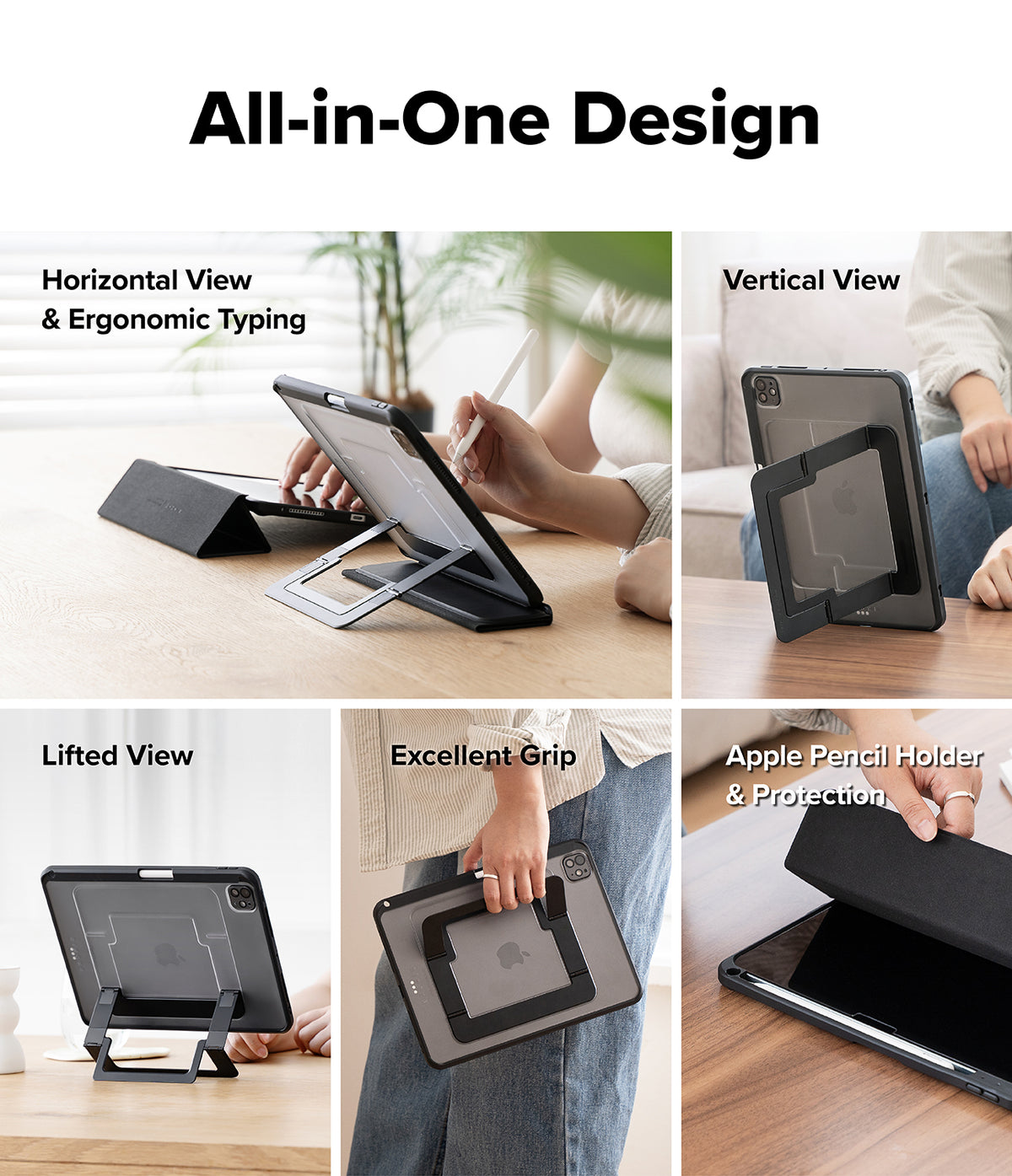 Ringke Apple iPad Pro (11") / Air (11", 10.9") Case [Multiverse Case] - A 2x2 collage showing an all-in-one iPad case in use on a wooden table, with text labels for Horizontal View & Ergonomic Typing, Vertical View, Lifted View, Excellent Grip, and Apple Pencil Holder & Protection. The collage highlights the case's foldable stand design and protective shell.