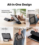 Ringke Apple iPad Pro (11") / Air (11", 10.9") Case [Multiverse Case] - A 2x2 collage showing an all-in-one iPad case in use on a wooden table, with text labels for Horizontal View & Ergonomic Typing, Vertical View, Lifted View, Excellent Grip, and Apple Pencil Holder & Protection. The collage highlights the case's foldable stand design and protective shell.