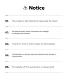 Ringke Apple iPad Pro (11") / Air (11", 10.9") Case [Multiverse Case] - A white digital notice sheet with black text outlining five precautions, including warnings about sharp objects, bleach, accessories sold separately, discoloration variations, and compatibility with third-party products.