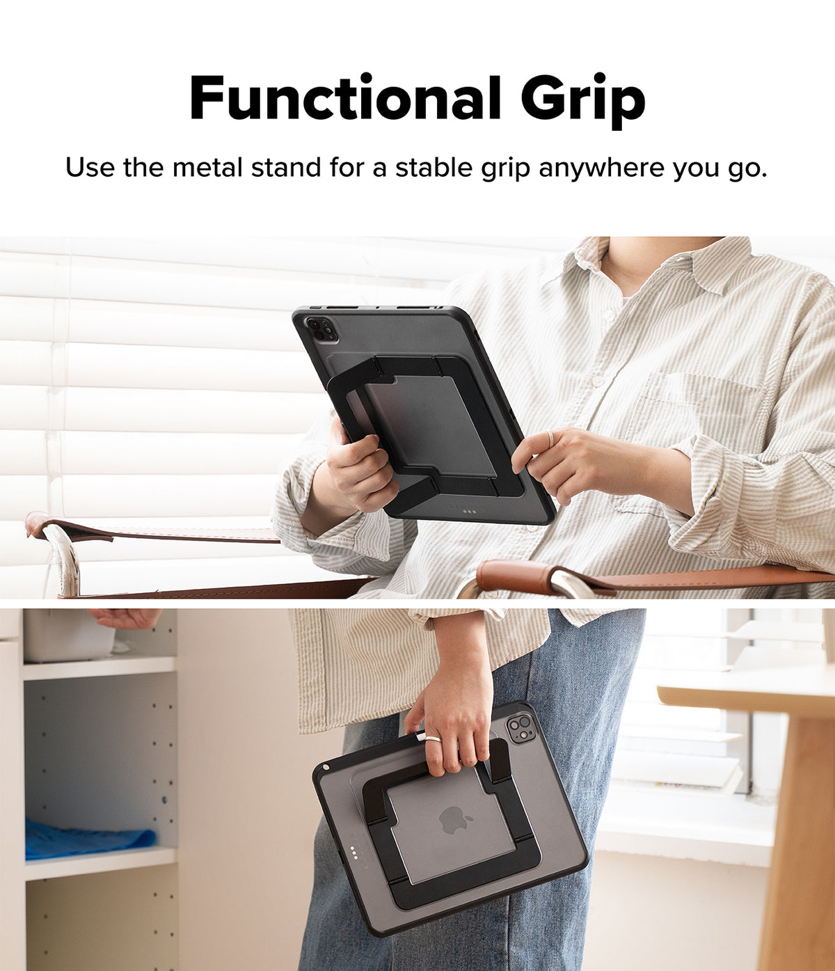 Ringke Apple iPad Pro (11") / Air (11", 10.9") Case [Multiverse Case] - A person holds a tablet in a black rugged protective case with a built-in metal stand, demonstrating the 'Functional Grip' feature in two indoor settings. The top half shows the tablet held at an angle, and the bottom half shows it held upright against a window.